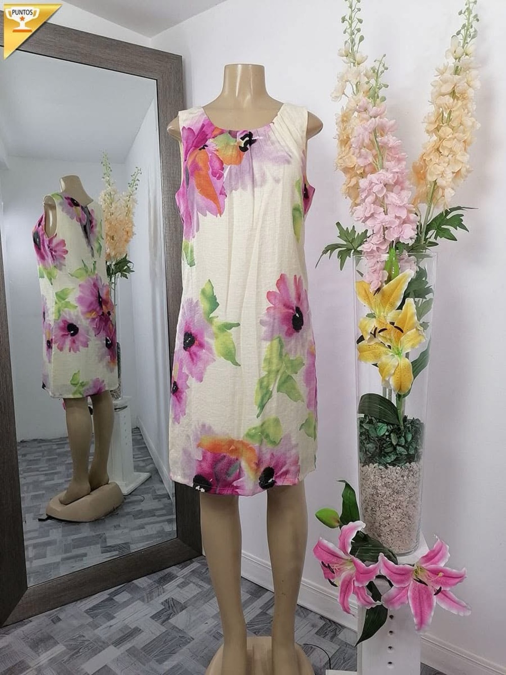 LOFT Cream Midi Dress with Pink & Green Floral Print